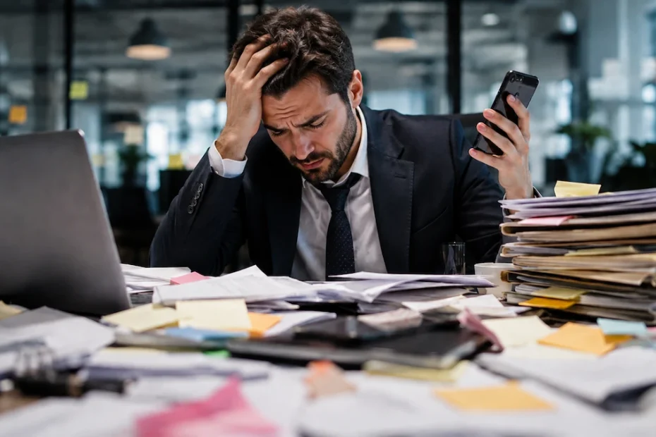Homme débordé au travail entouré de dossiers et de tâches