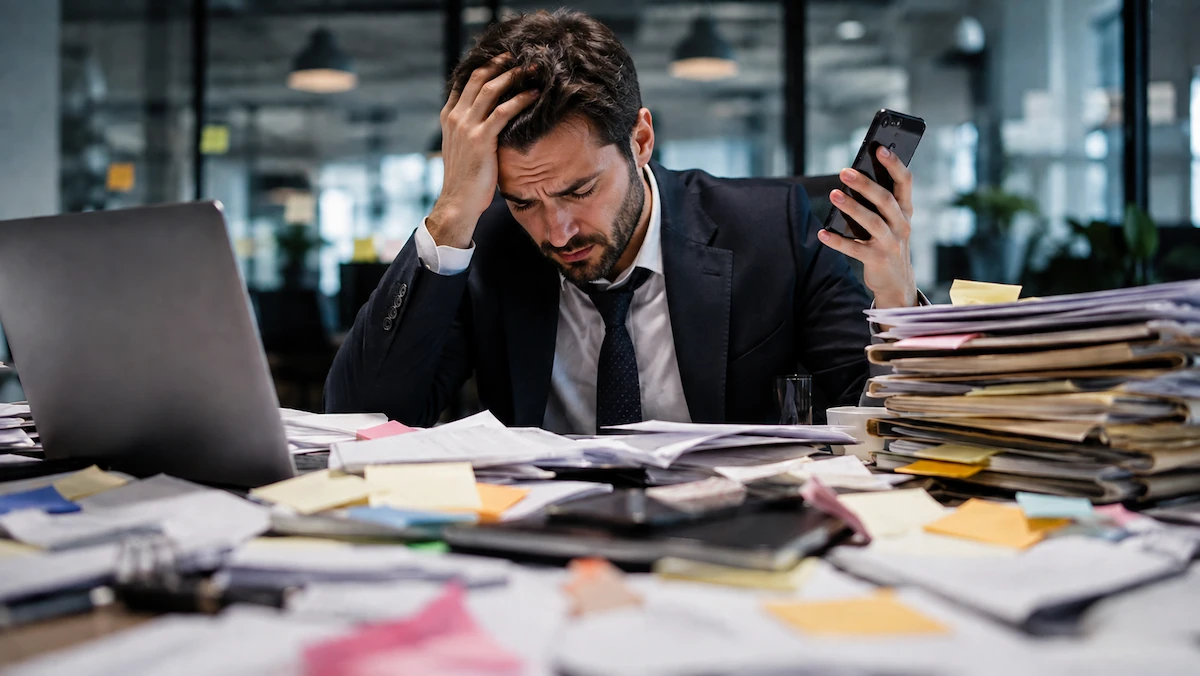 Homme débordé au travail entouré de dossiers et de tâches