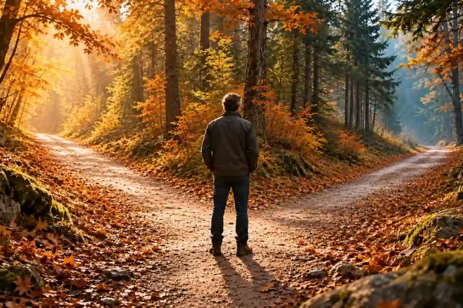Homme de dos devant deux chemins en forêt, illustrant comment prendre une décision entre deux possibilités.
