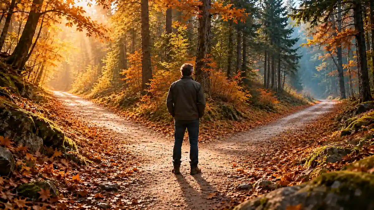 Homme de dos devant deux chemins en forêt, illustrant comment prendre une décision entre deux possibilités.