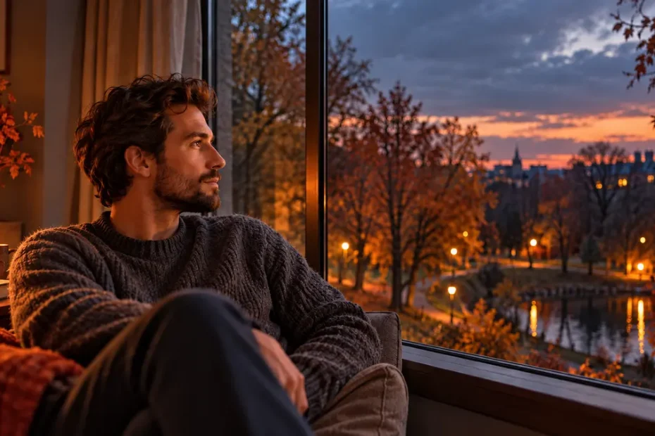 Homme près d’une fenêtre regardant un parc au crépuscule, alors que les journées qui raccourcissent laissent place à une soirée plus longue.