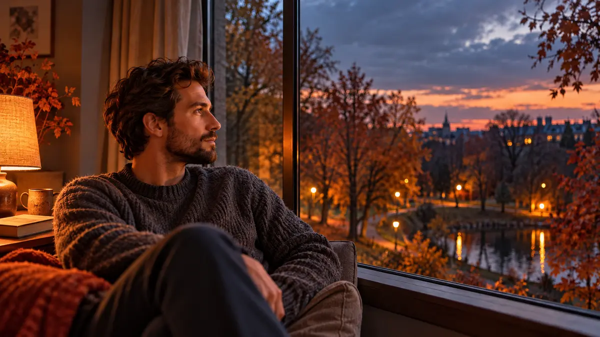 Homme près d’une fenêtre regardant un parc au crépuscule, alors que les journées qui raccourcissent laissent place à une soirée plus longue.